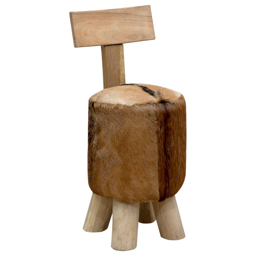 vidaXL Goat Leather and Solid Teak Stool