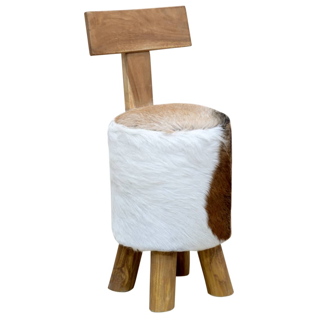 vidaXL Goat Leather and Solid Teak Stool