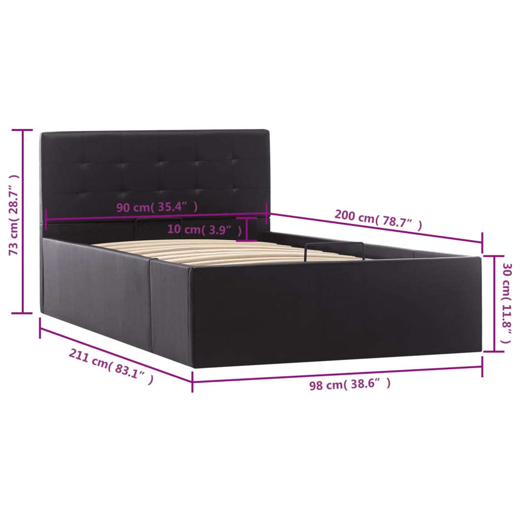 vidaXL Hydraulic Artificial Leather Storage Bed Frame Black 90x200 cm