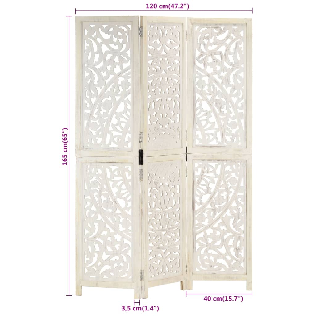 vidaXL Kamerscherm met 3 panelen handgesneden 120x165 cm mangohout wit