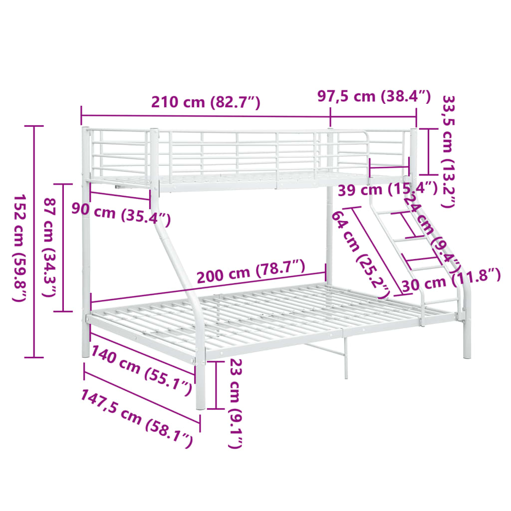 vidaXL Bunk Bed Frame Metal White 140x200 cm/90x200 cm