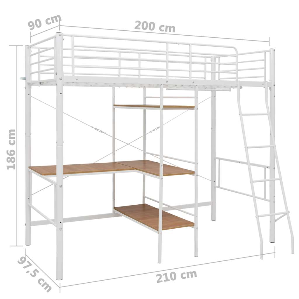 vidaXL Bunk Bed Frame with Desk Metal White 90x200 cm