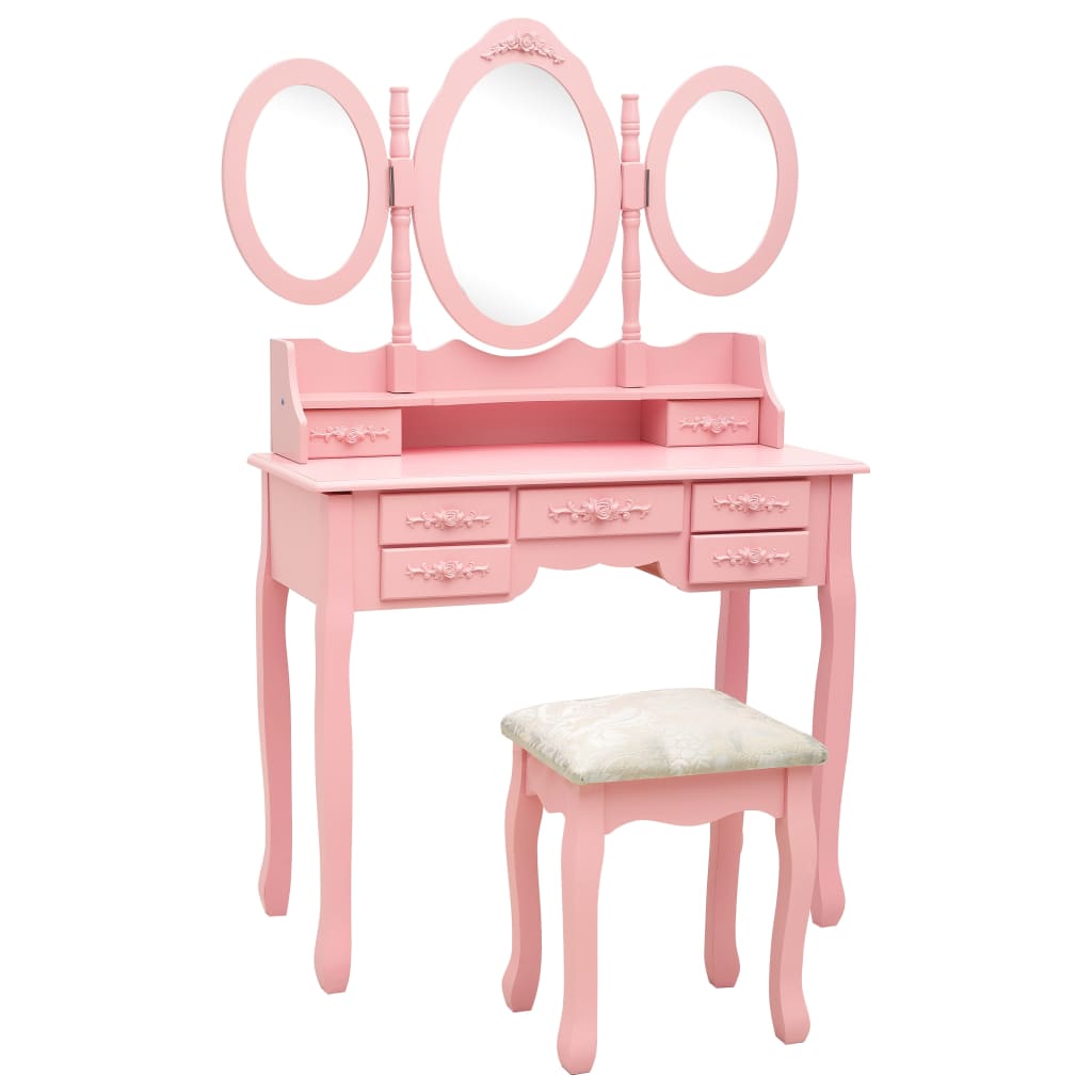 vidaXL Dressing Table with Stool and Triple Mirror Pink