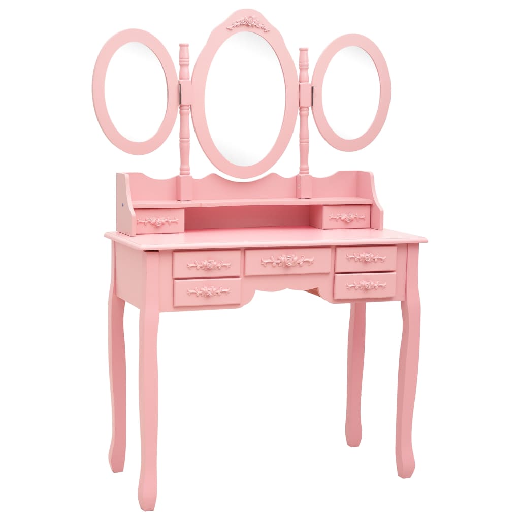 vidaXL Dressing Table with Stool and Triple Mirror Pink