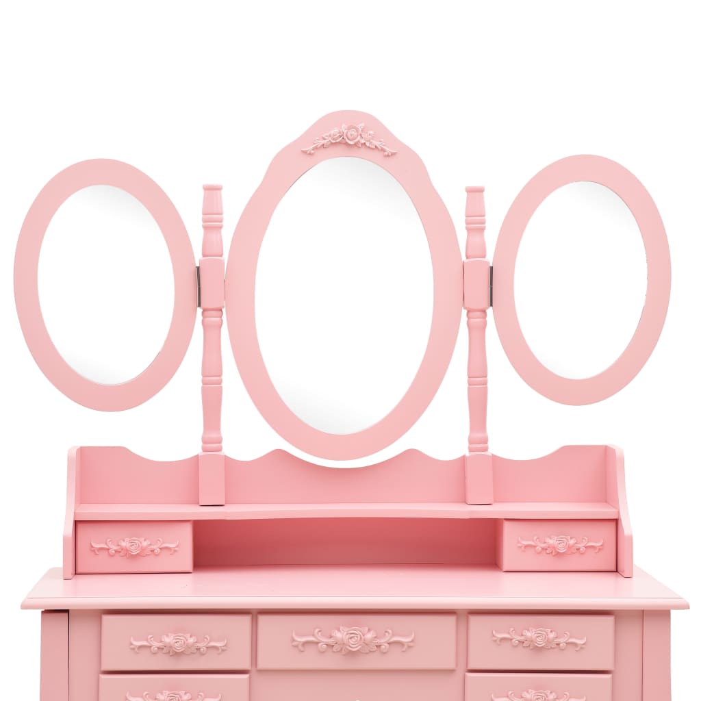 vidaXL Dressing Table with Stool and Triple Mirror Pink