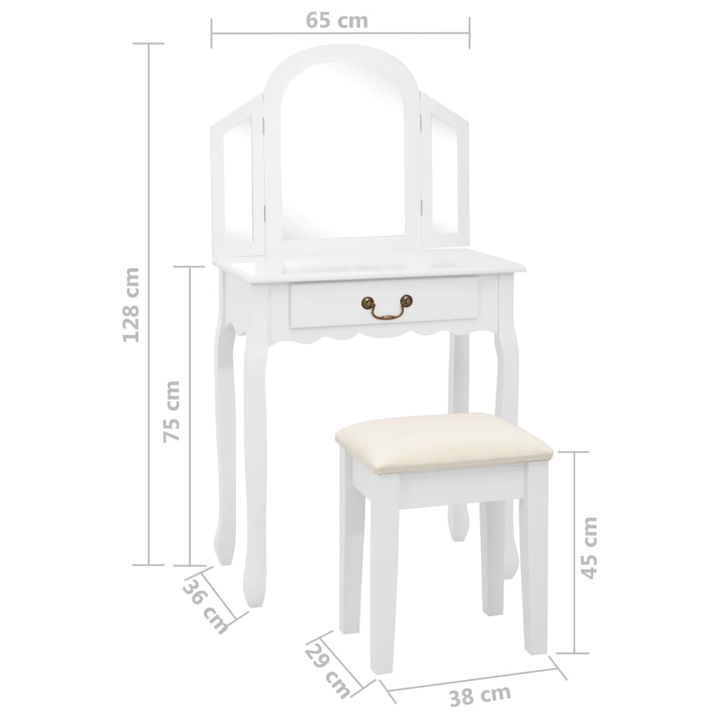 vidaXL Dressing table with stool 65x36x128 cm paulownia wood MDF white