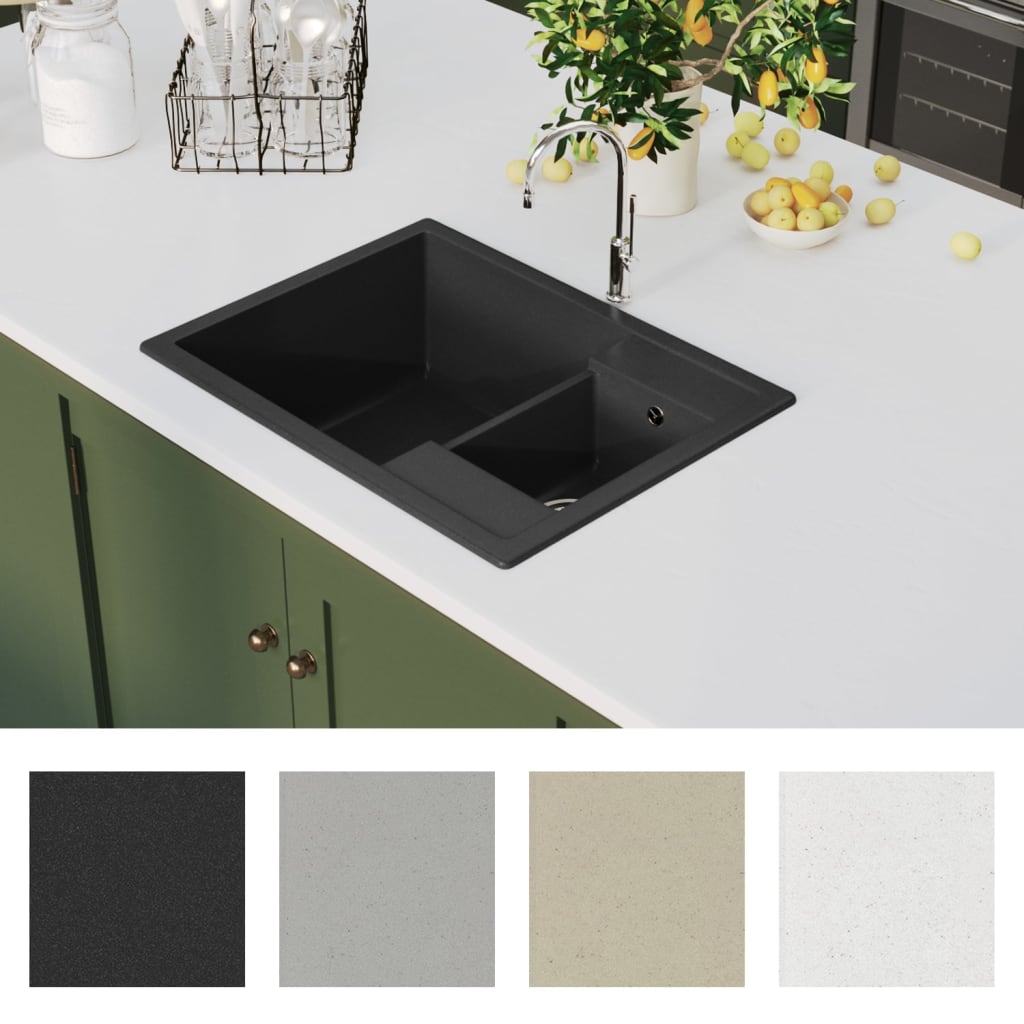 vidaXL Kitchen Sink Double Basins with Overflow Hole Granite Black