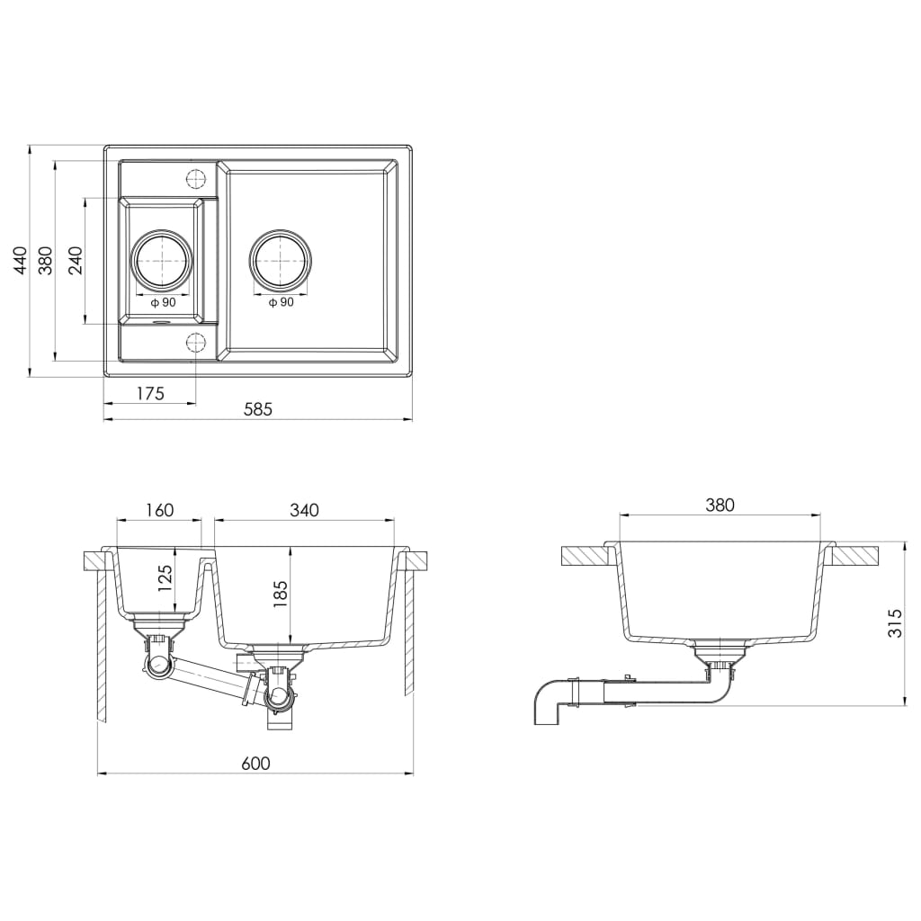 vidaXL Kitchen Sink Double Basins with Overflow Hole Granite Black