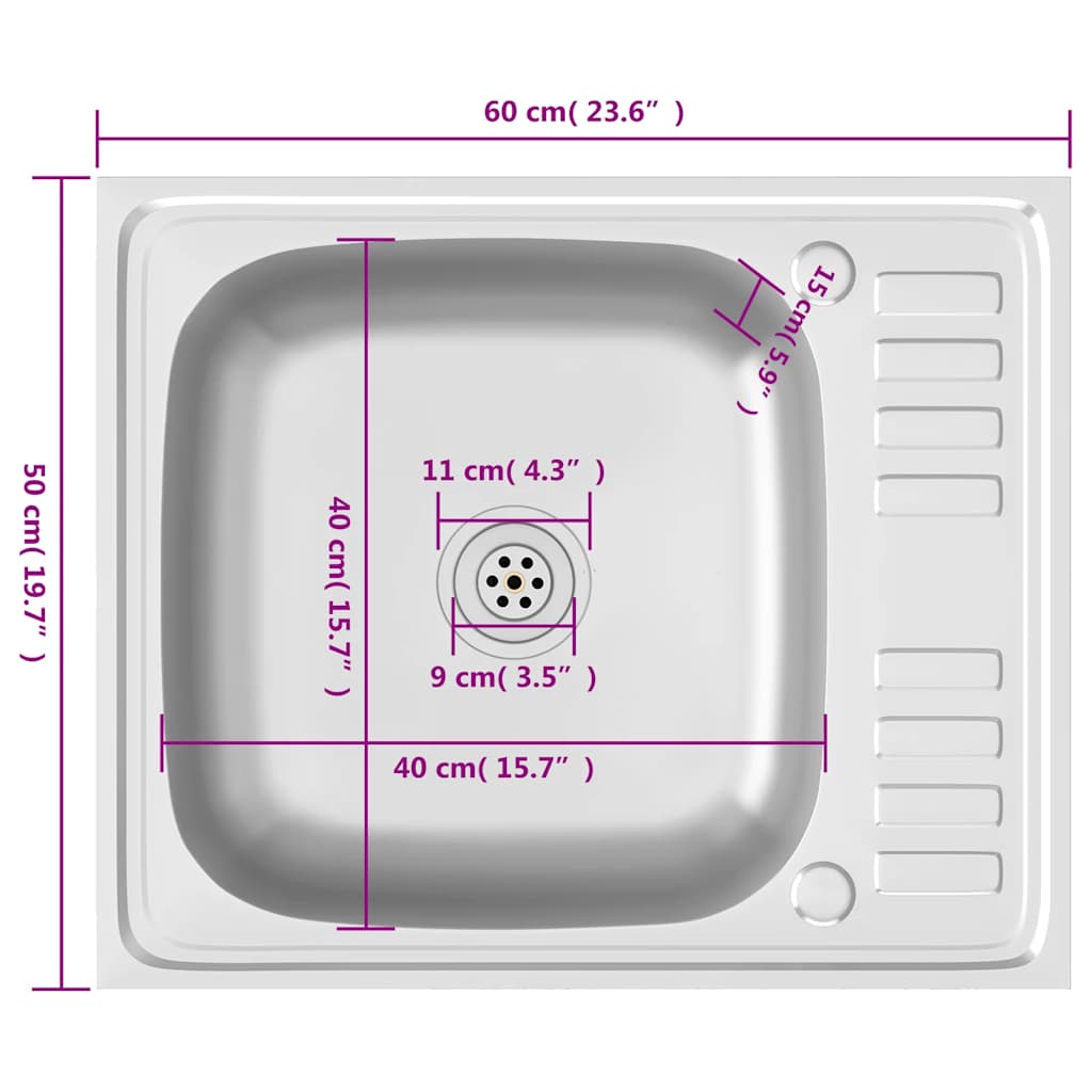 vidaXL Kitchen Sink with Drainer Set 600x500x155 mm Stainless Steel Silver