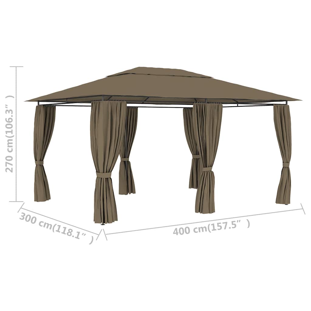 vidaXL Tuinpaviljoen met gordijnen 180 g/m² 4x3 m taupe