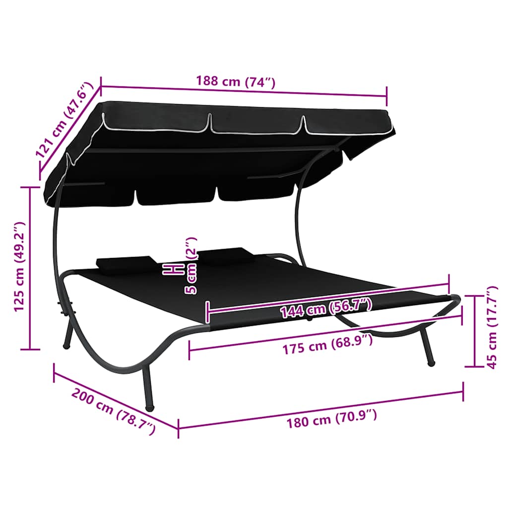 vidaXL Loungebed met luifel en kussens zwart