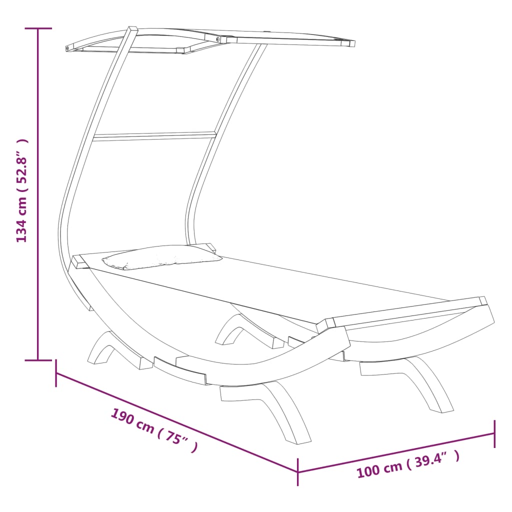 vidaXL Loungebed met luifel 100x190x134 cm massief gebogen hout crème