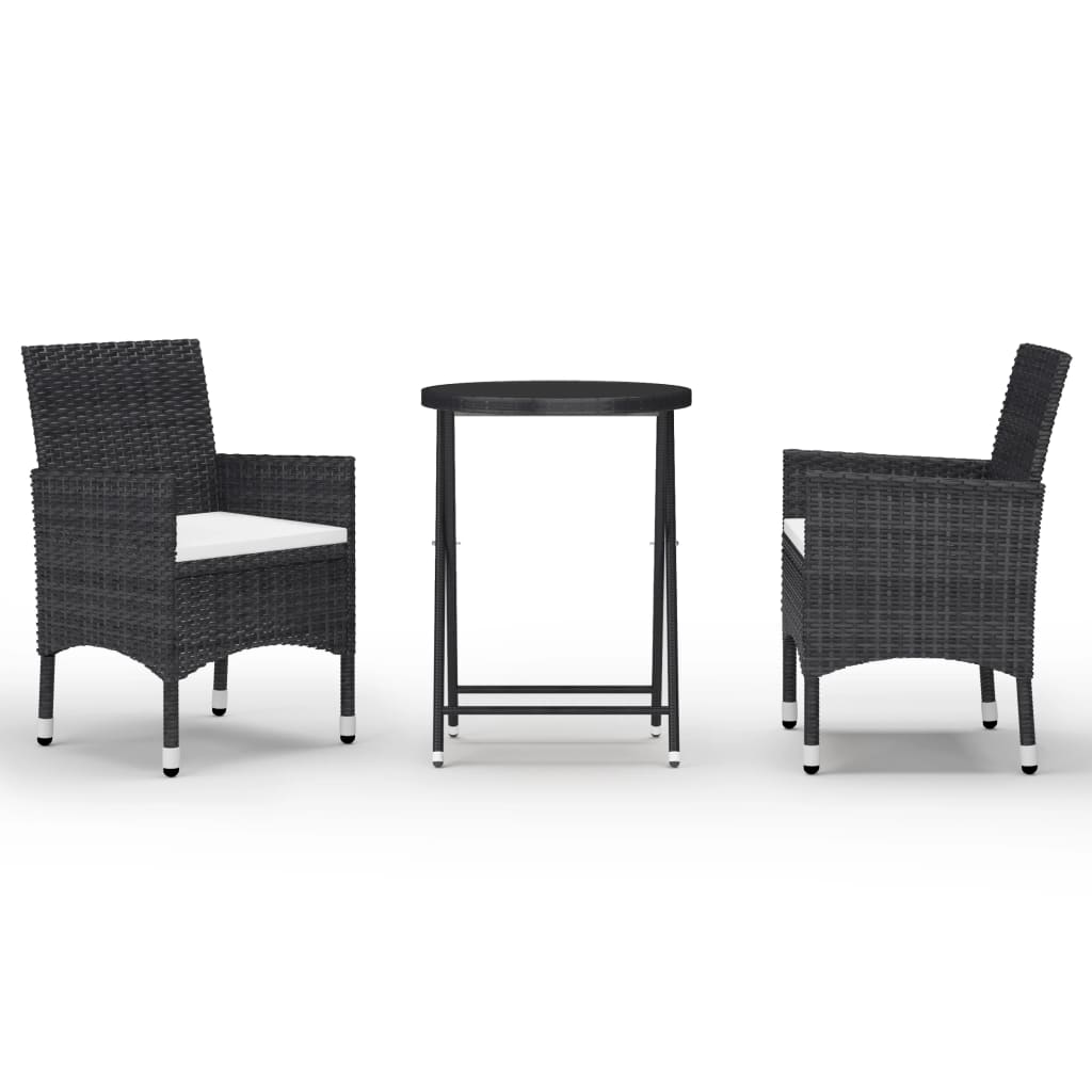 vidaXL 3-Piece Bistro Set Polyrattan and Tempered Glass Black
