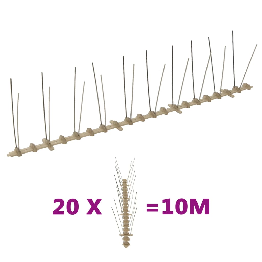 vidaXL Bird and Pigeon Spikes with 2 Rows 20 pcs 10 m Plastic