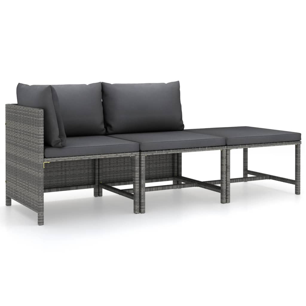 vidaXL 3-Piece Lounge Set with Cushions Poly Rattan Grey