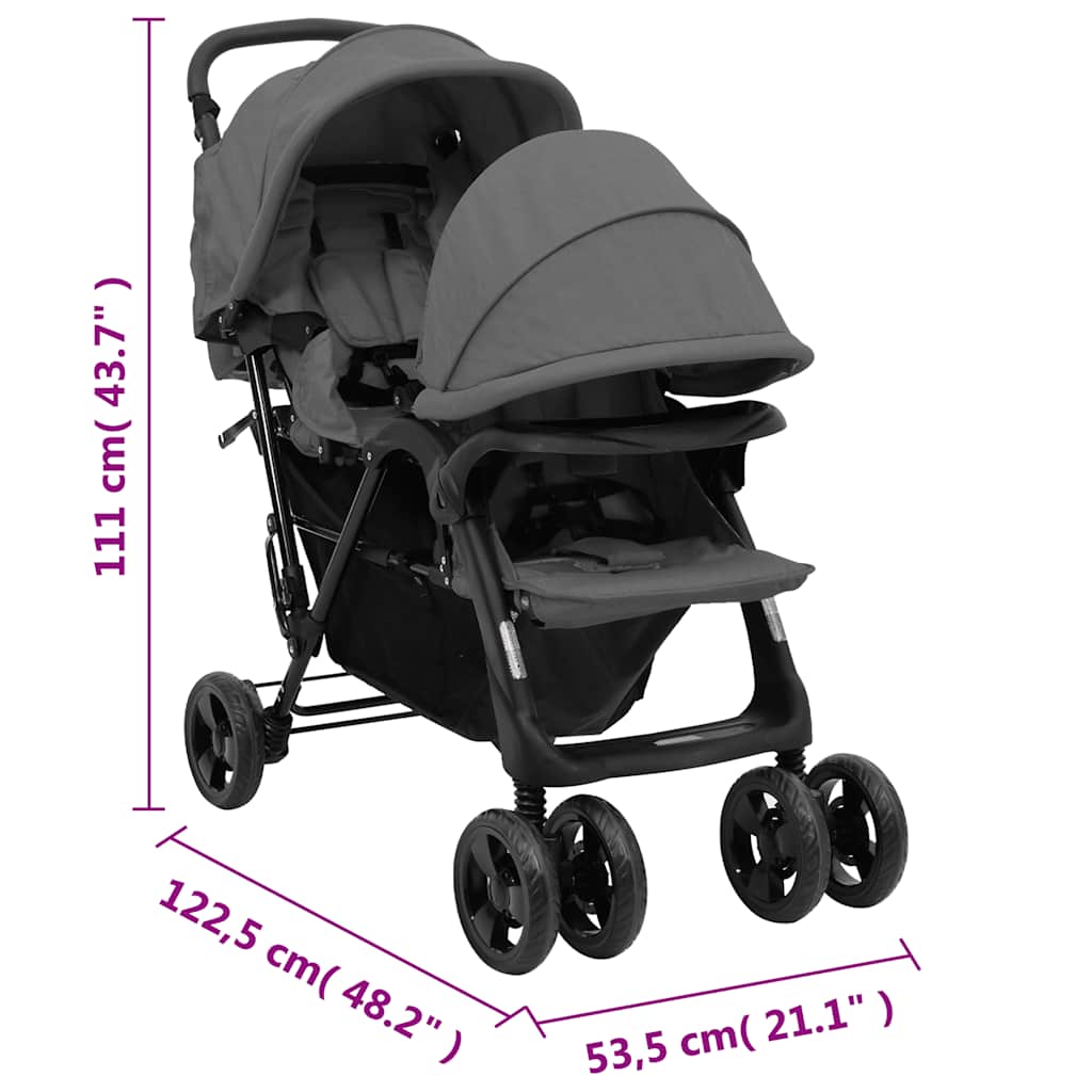 vidaXL Twin Stroller Tandem Steel Light Grey