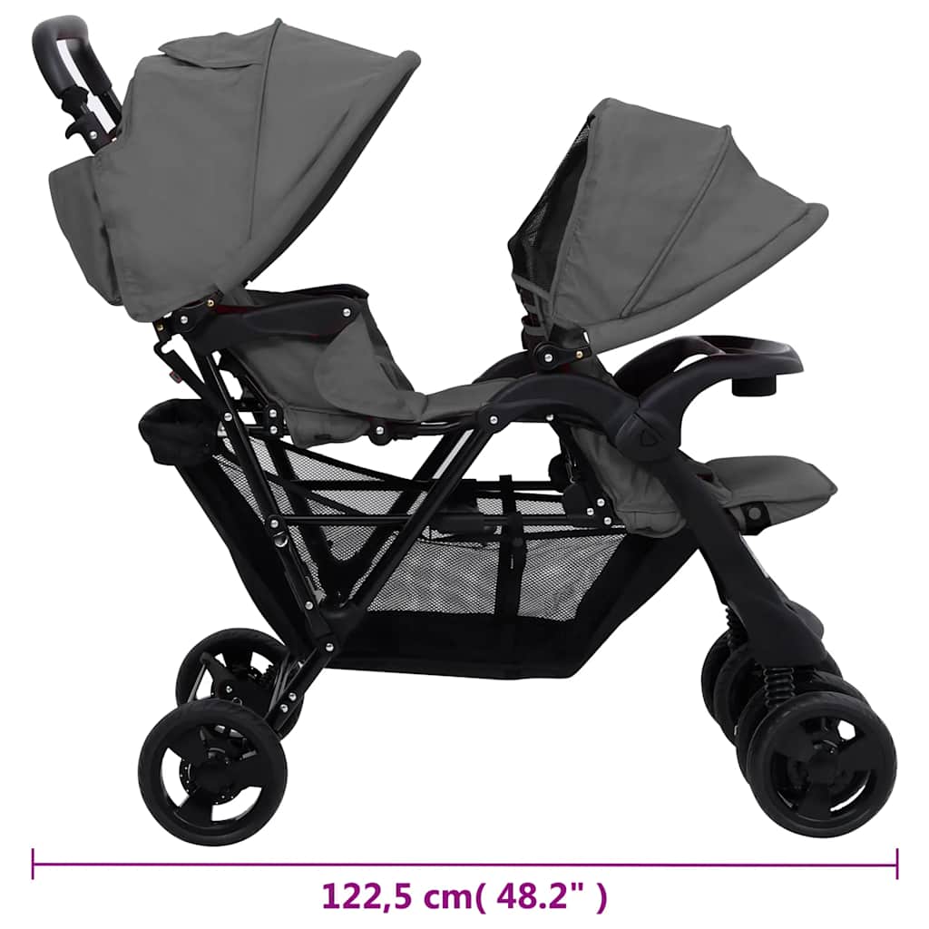 vidaXL Twin Stroller Tandem Steel Light Grey
