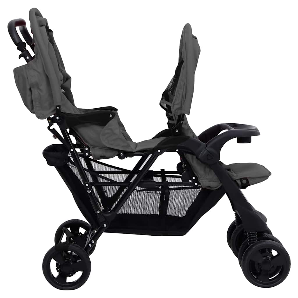 vidaXL Twin Stroller Tandem Steel Light Grey