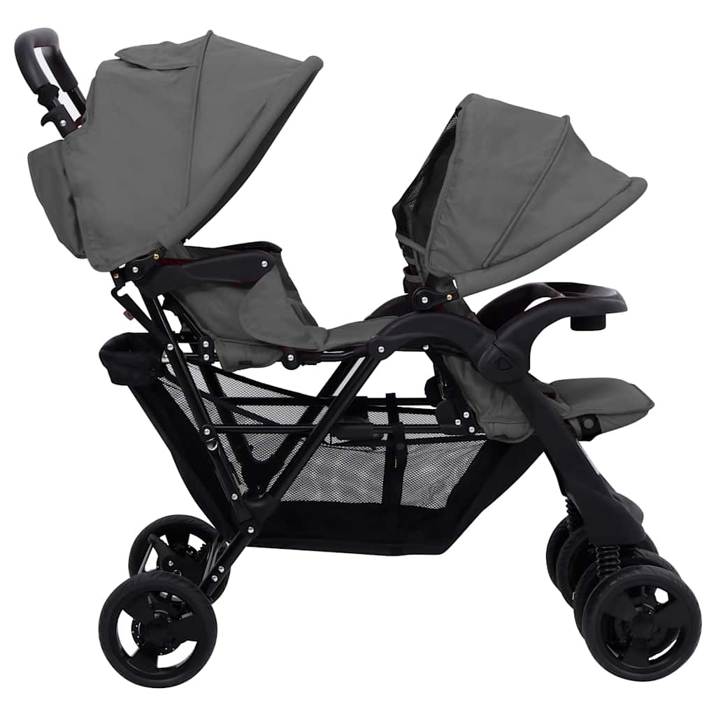vidaXL Twin Stroller Tandem Steel Light Grey