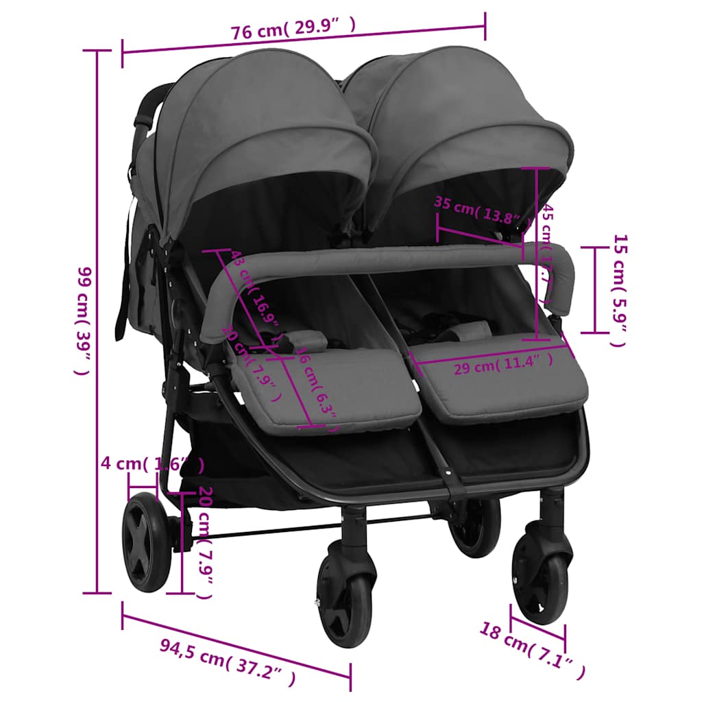 vidaXL Twin Stroller Steel Light Grey and Black
