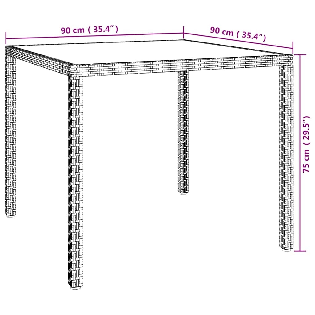 vidaXL Tuintafel 90x90x75 cm gehard glas en poly rattan bruin
