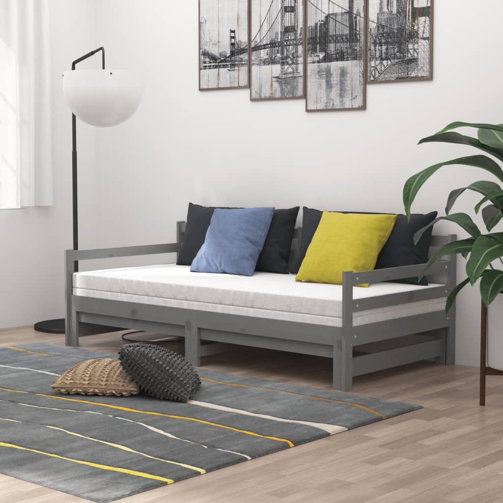 vidaXL Slaapbank uitschuifbaar massief grenenhout grijs 2x(90x200) cm