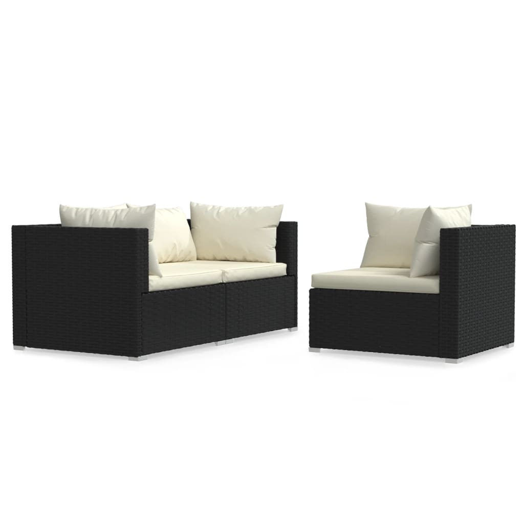 vidaXL 3-delige Loungeset met kussens poly rattan zwart