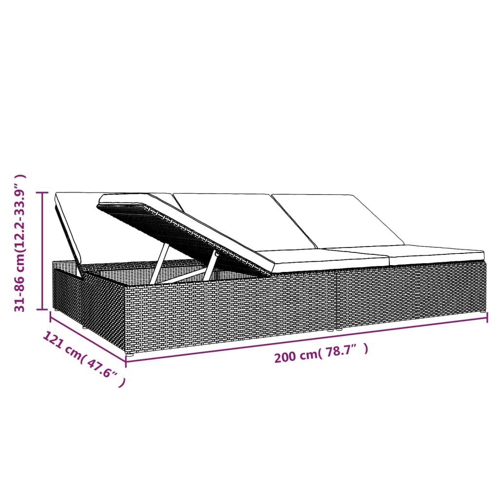 vidaXL Ligbed met kussens converteerbaar poly rattan zwart