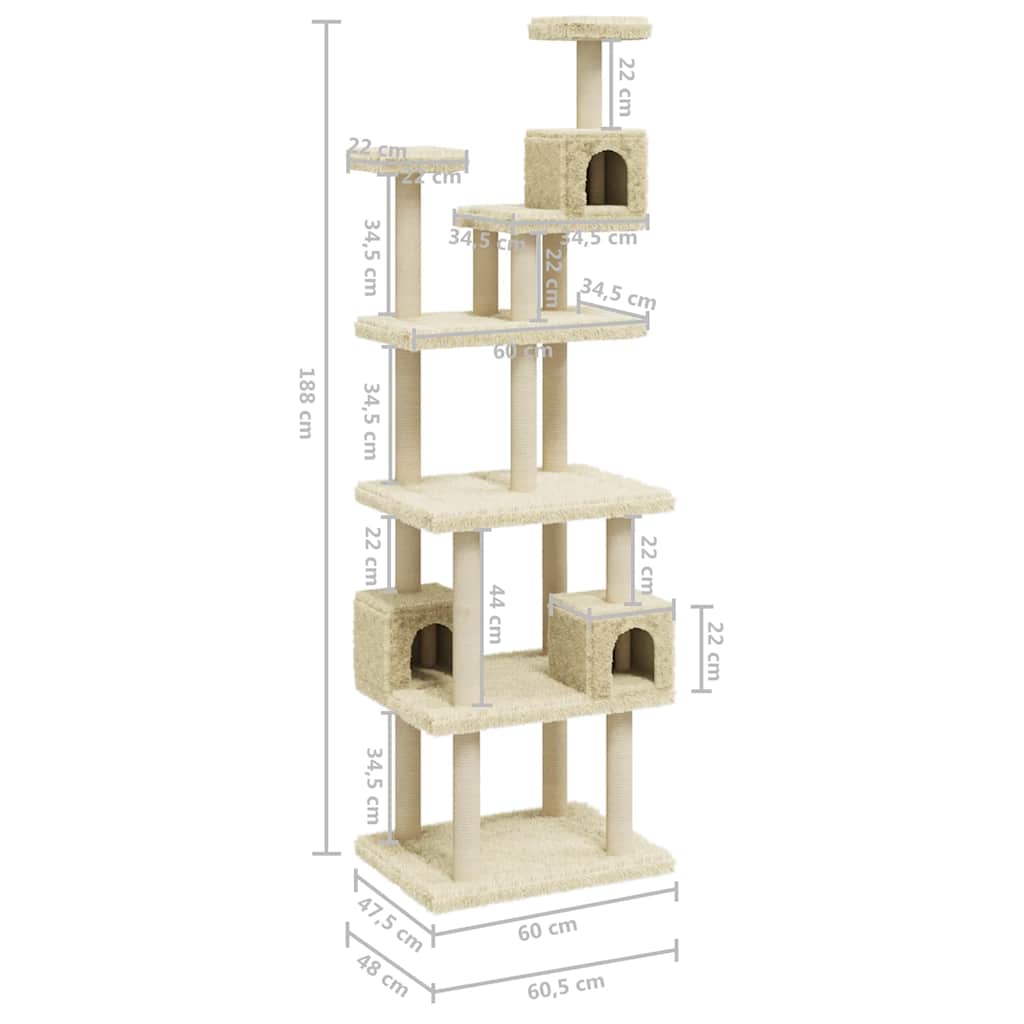 vidaXL Cat Tree with Sisal Scratching Posts 188 cm Cream
