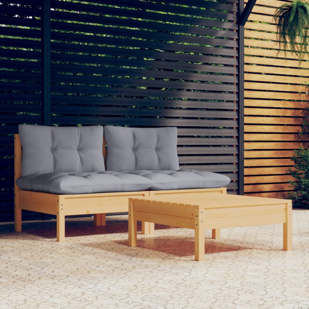 vidaXL 3-delige Loungeset met grijze kussens grenenhout