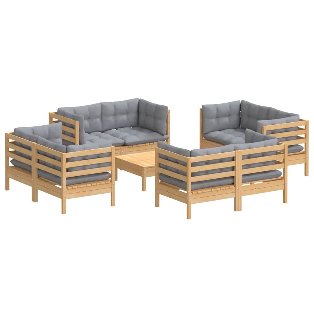 vidaXL 9-delige Loungeset met grijze kussens grenenhout
