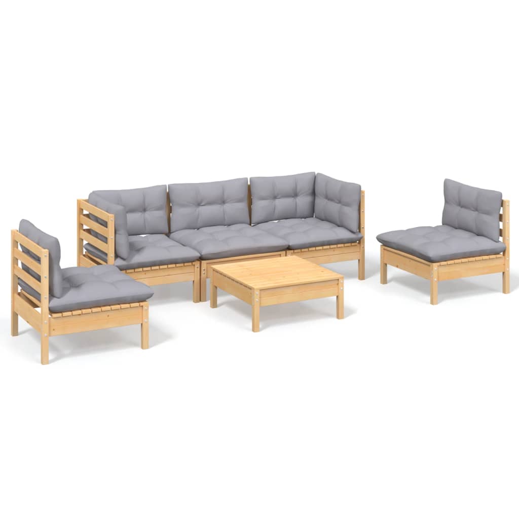 vidaXL 6-delige Loungeset met grijze kussens massief grenenhout