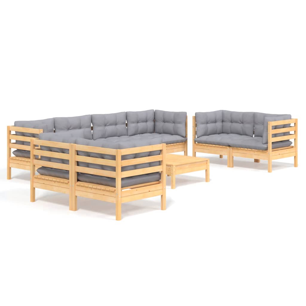 vidaXL 9-delige Loungeset met grijze kussens massief grenenhout