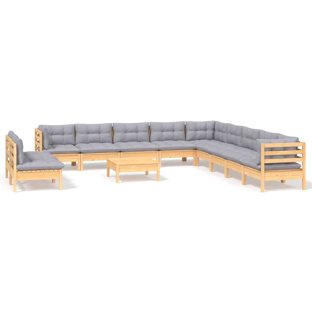 vidaXL 12-delige Loungeset met grijze kussens massief grenenhout