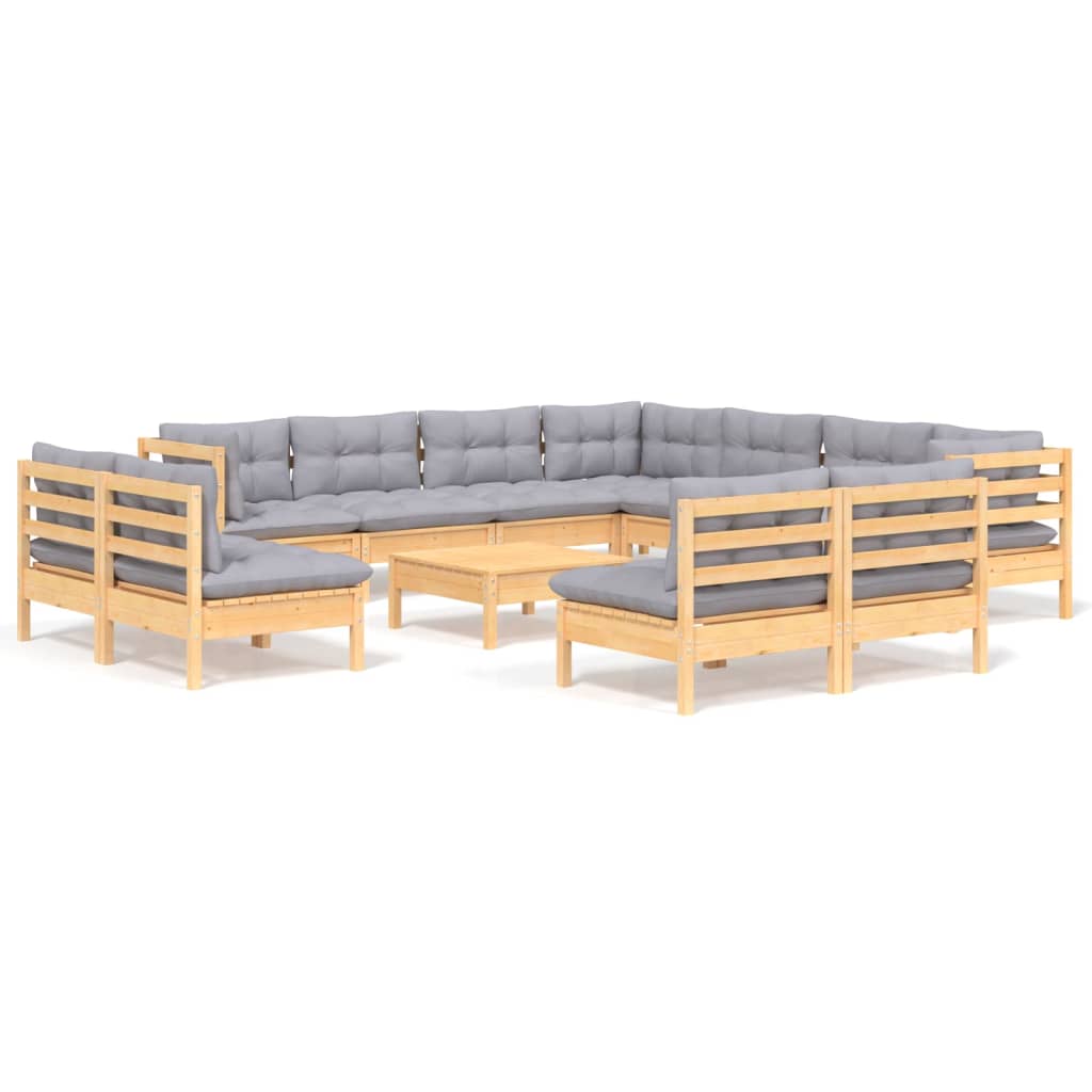 vidaXL 12-Piece Lounge Set with Grey Cushions Solid Pine Wood