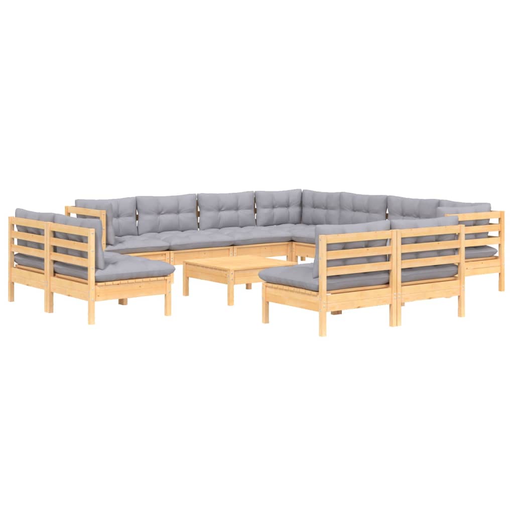 vidaXL 12-Piece Lounge Set with Grey Cushions Solid Pine Wood