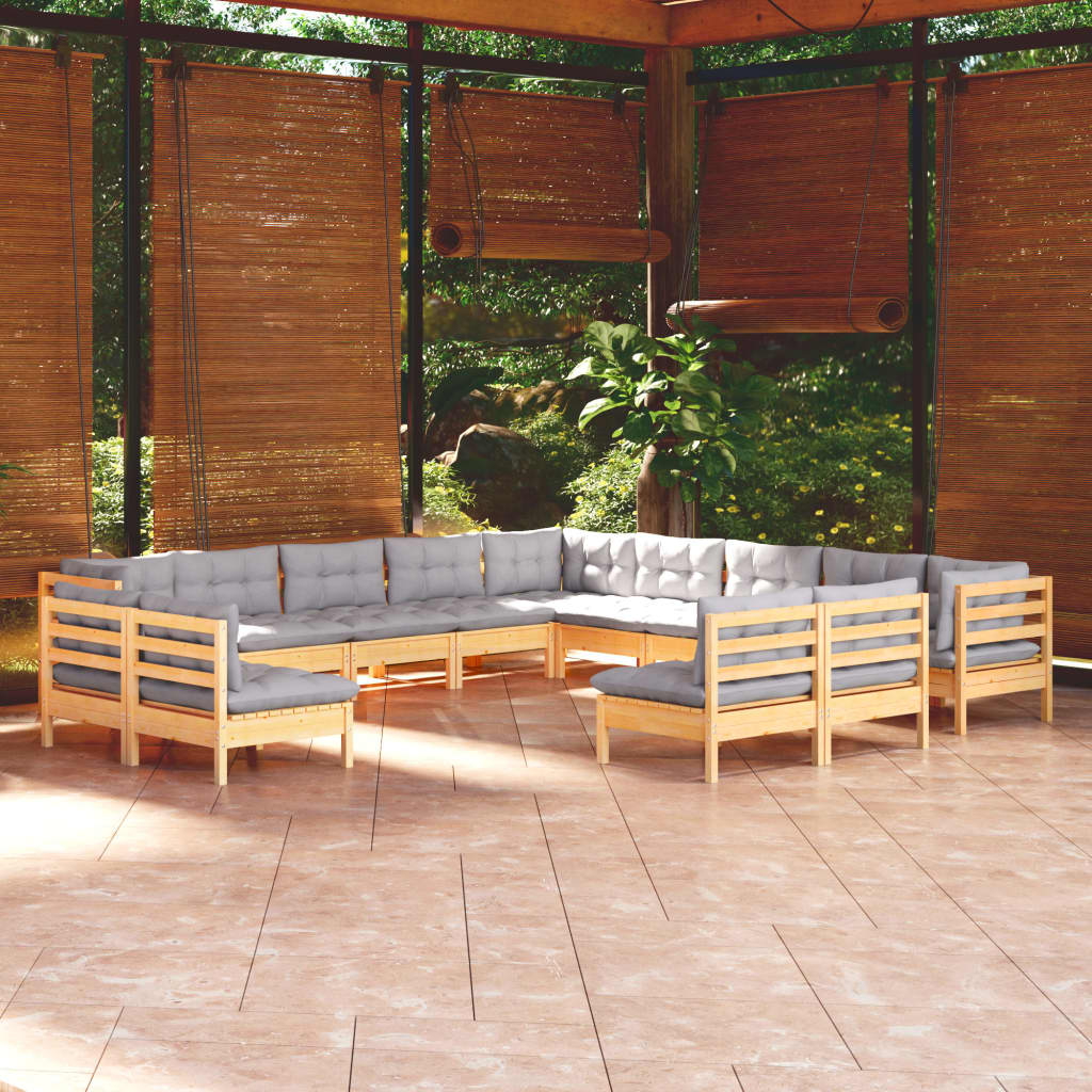 vidaXL 13-Piece Lounge Set with Grey Cushions Solid Pine Wood