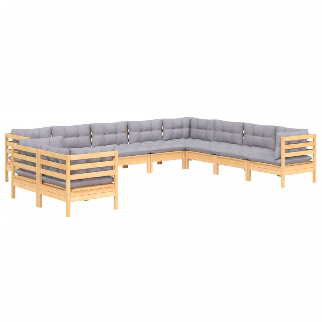 vidaXL 10-Piece Lounge Set with Grey Cushions Solid Pinewood