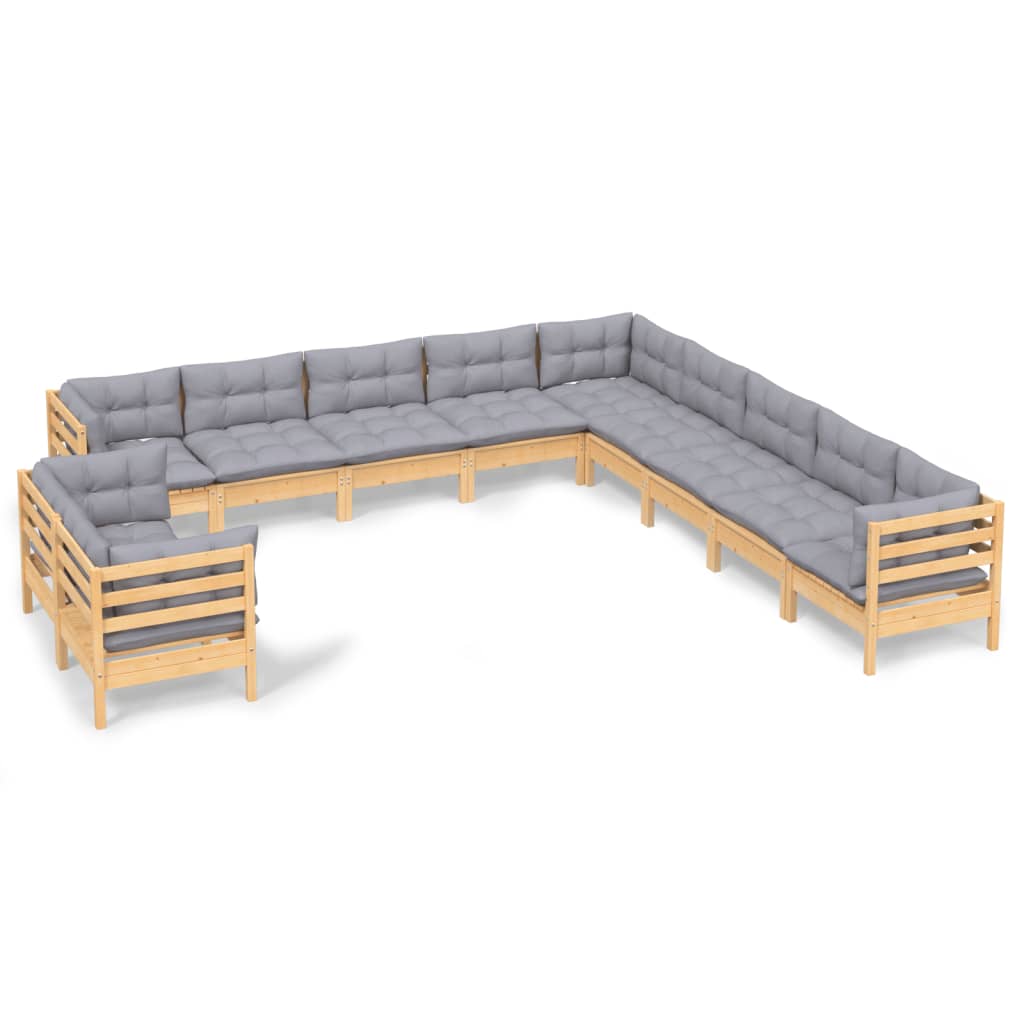 vidaXL 11-Piece Lounge Set with Grey Cushions Solid Pine Wood