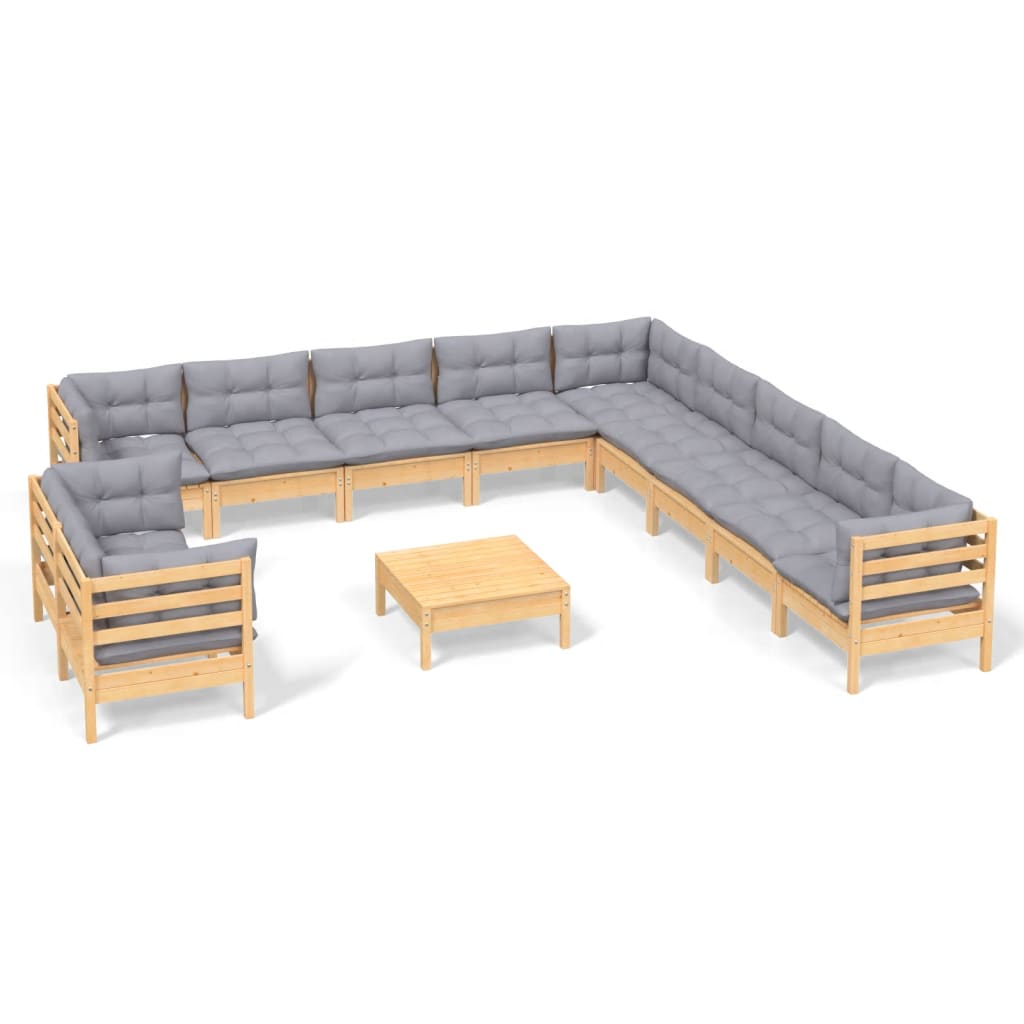 vidaXL 12-delige Loungeset met grijze kussens massief grenenhout