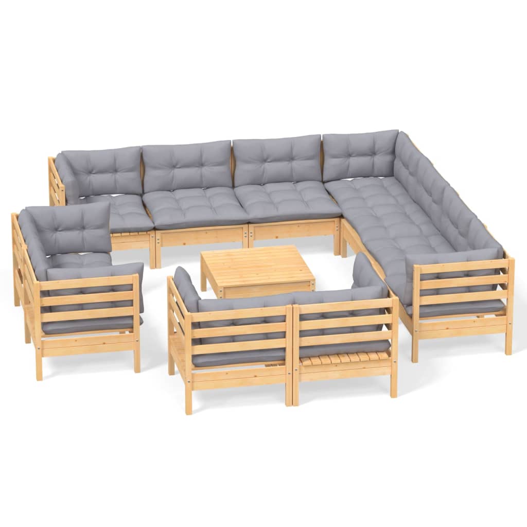 vidaXL 12-delige Loungeset met grijze kussens massief grenenhout