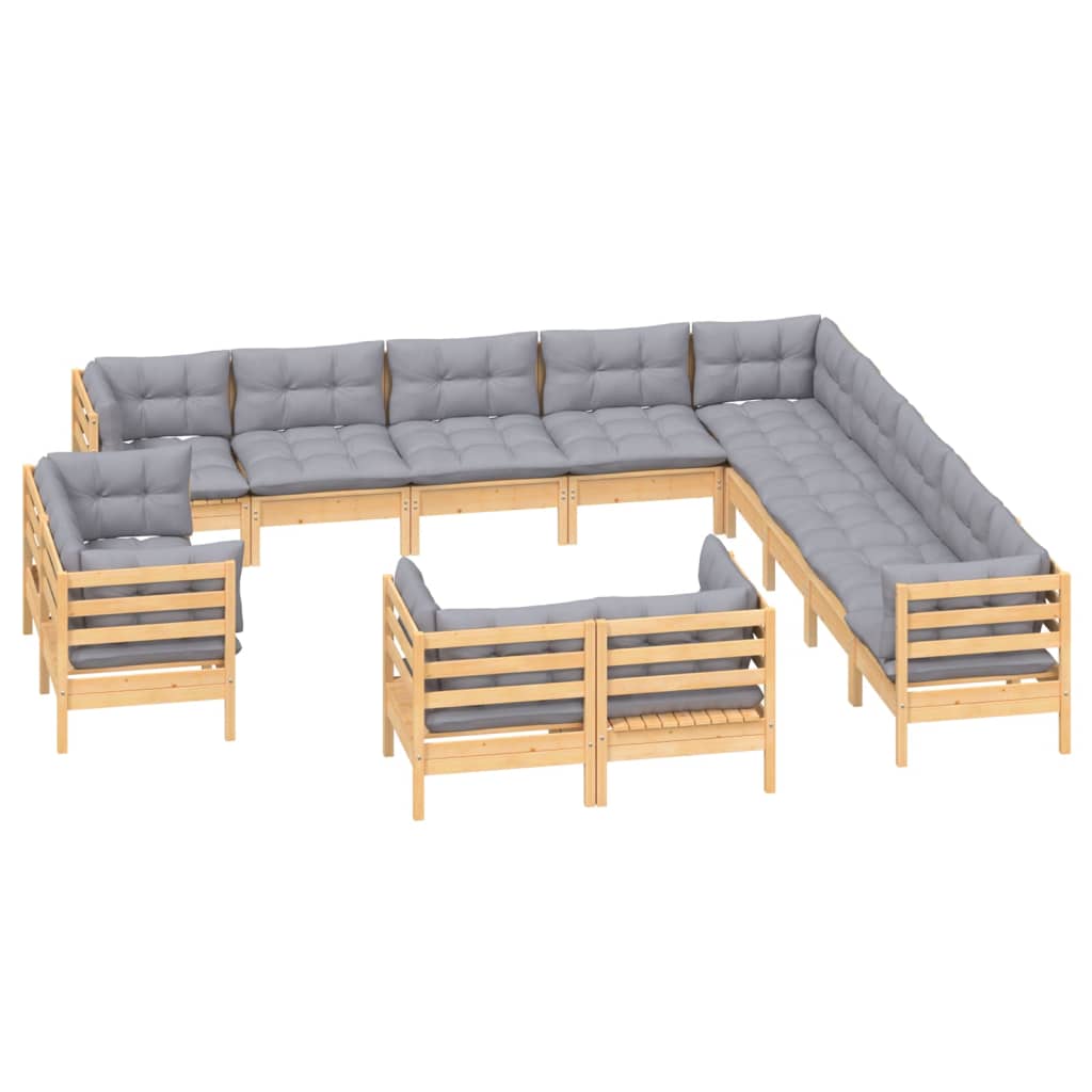vidaXL 13-delige Loungeset met grijze kussens massief grenenhout