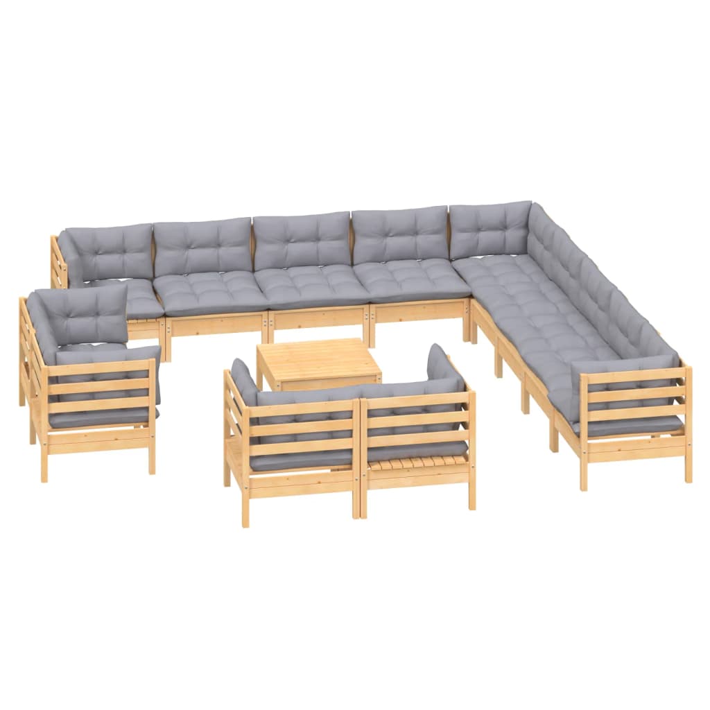 vidaXL 14-Piece Lounge Set with Grey Cushions Solid Pine Wood