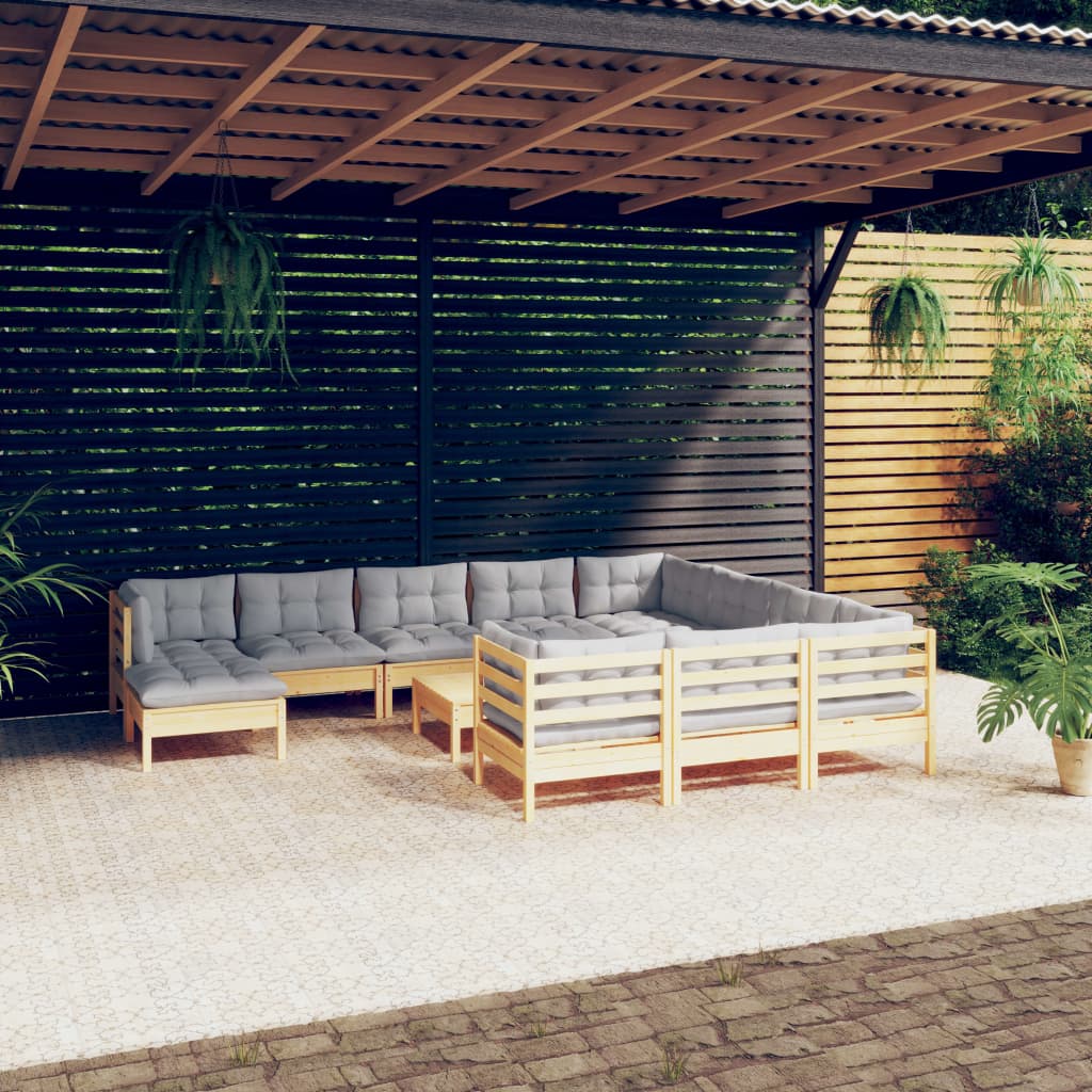 vidaXL 12-Piece Lounge Set with Grey Cushions Pine Wood