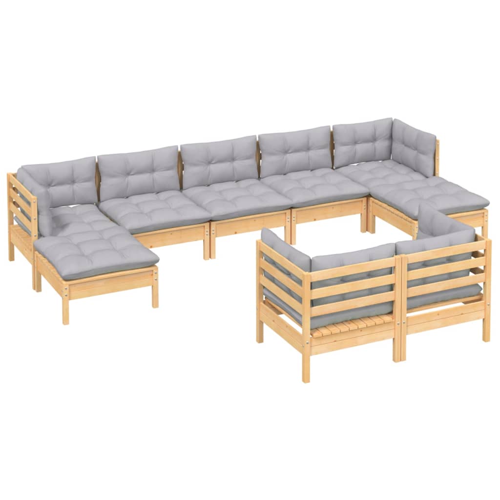 vidaXL 9-piece Lounge Set with Grey Cushions Solid Pine Wood