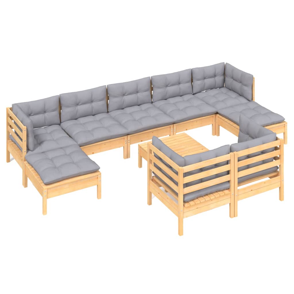 vidaXL 10-Piece Lounge Set with Grey Cushions Solid Pinewood