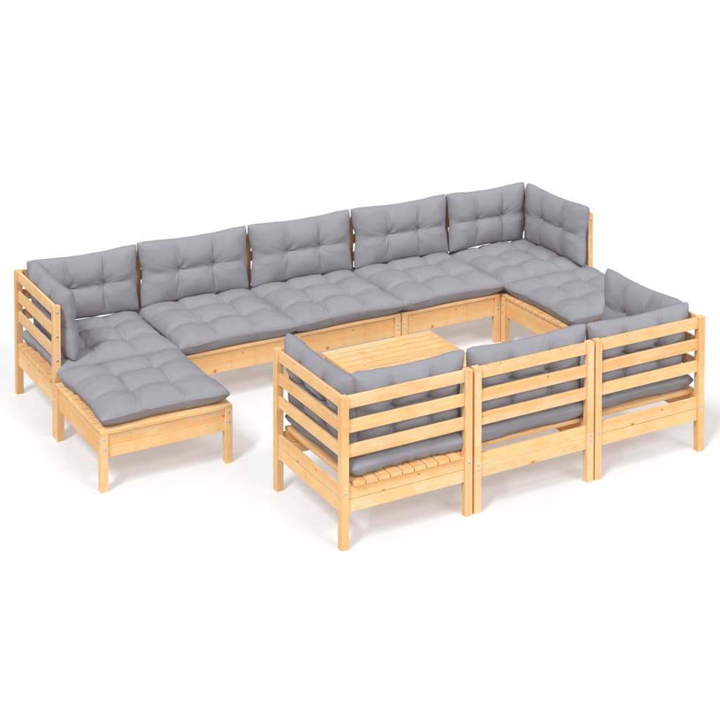 vidaXL 11-Piece Lounge Set with Grey Cushions Solid Pine Wood