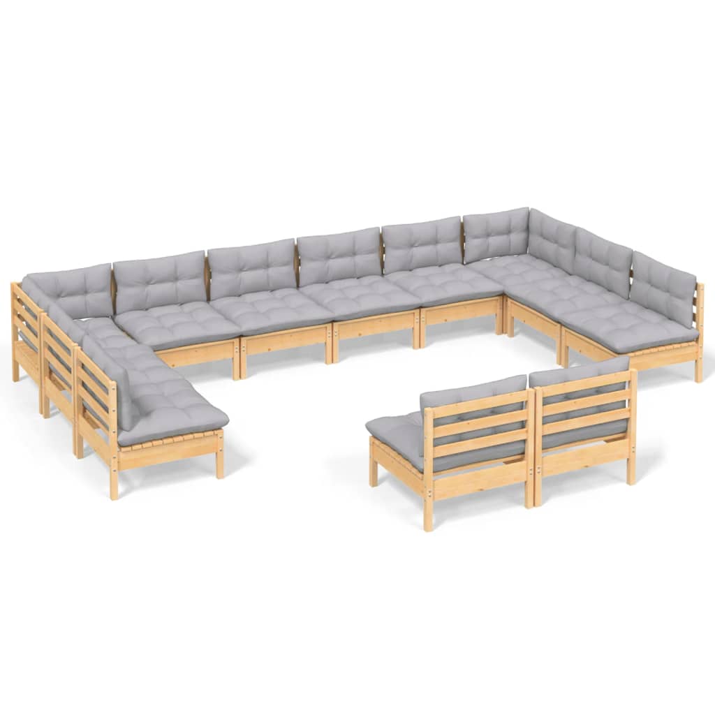 vidaXL 12-delige Loungeset met grijze kussens massief grenenhout