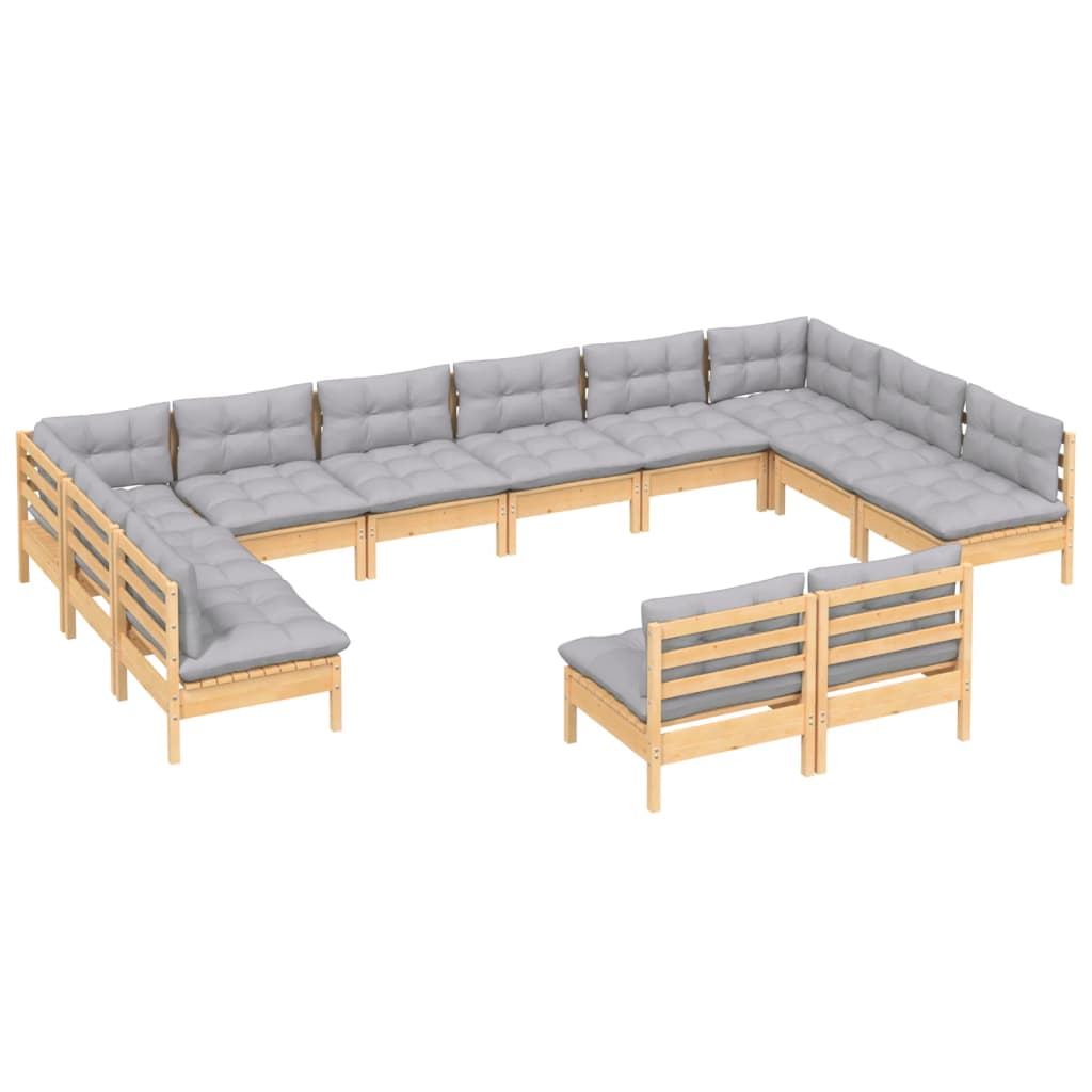 vidaXL 12-delige Loungeset met grijze kussens massief grenenhout