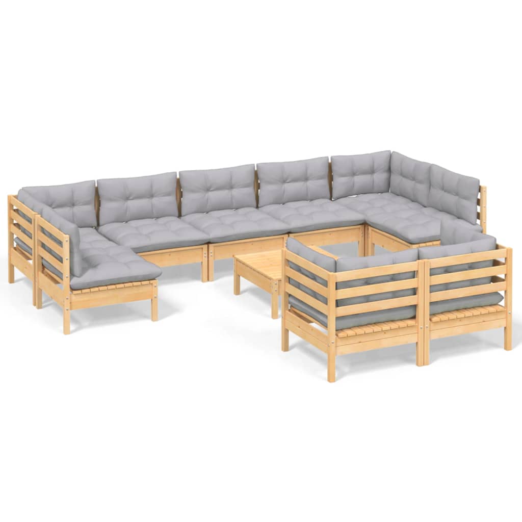 vidaXL 10-Piece Lounge Set with Grey Cushions Solid Pinewood